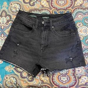 Distressed black denim shorts